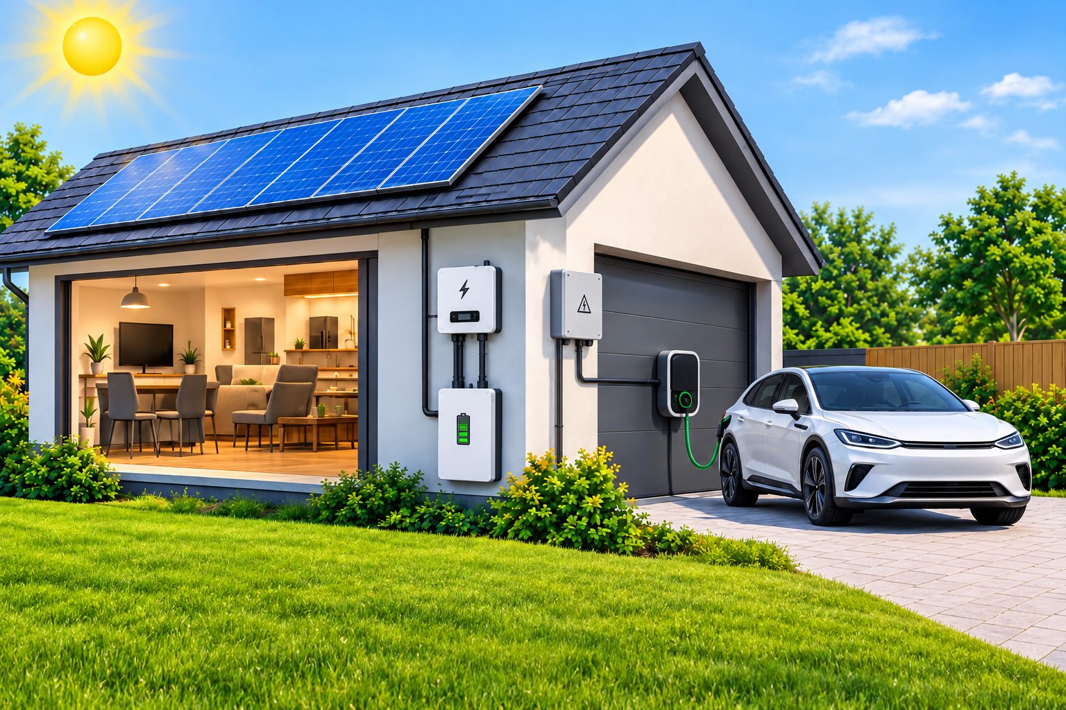 Schema unui sistem fotovoltaic pe o casă: panouri, invertor, baterie, tablou electric, consumatori, stație de încărcare și mașină electrică